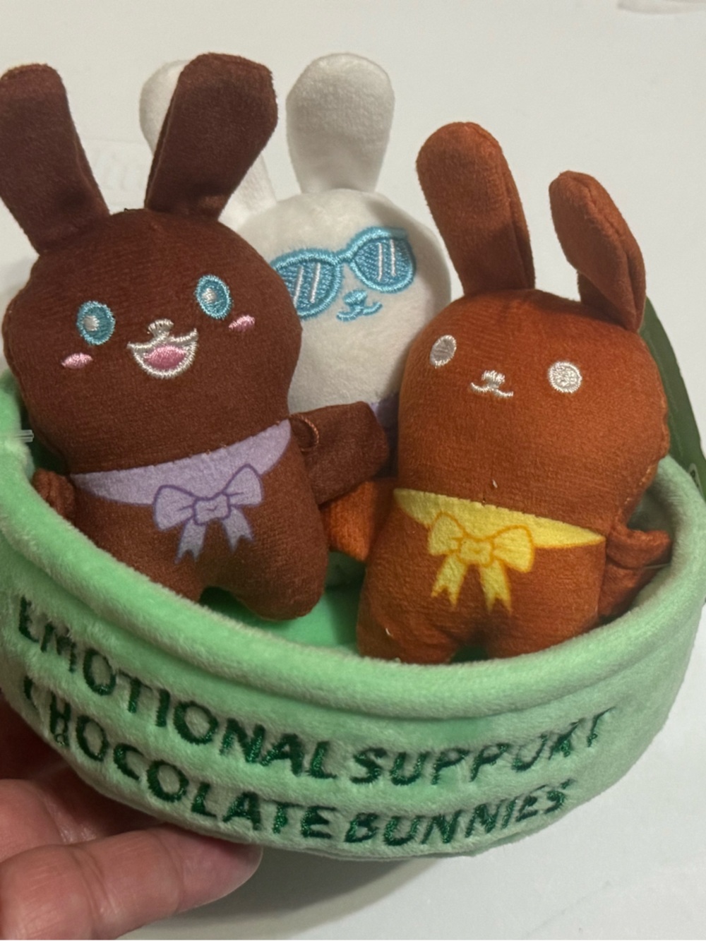 Emotional Support Pals Mini Plush Set - Green Bed with Brown & White Bunnies